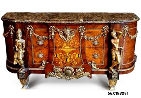 Jean-Henri Riesener commode, a French ormolu-mounted marquetry and parquetry D shaped commode, after the model by Jean-Henri Riesener, Circa 1890, surmounted by a shaped and stepped veined marble top, centered to the front by a pair of drawers headed by an sunburst winged mask ormolu mount, with central panel inlaid sans traverse with an ewer and basket of fruit and flowers flanked on each side by cherubs emblematic of Bienfaisance and Justice, above a fleur-de-lys-studded ormolu globe and cornucopia, flanked to each side by inlaid parquetry cupboard door hung with floral swags and ribbon-suspended military trophies, the angles mounted with imitation of the four armorial emblematic of Courage, Force, Prudence and Tempérence, on tapering acanthus-mounted feet